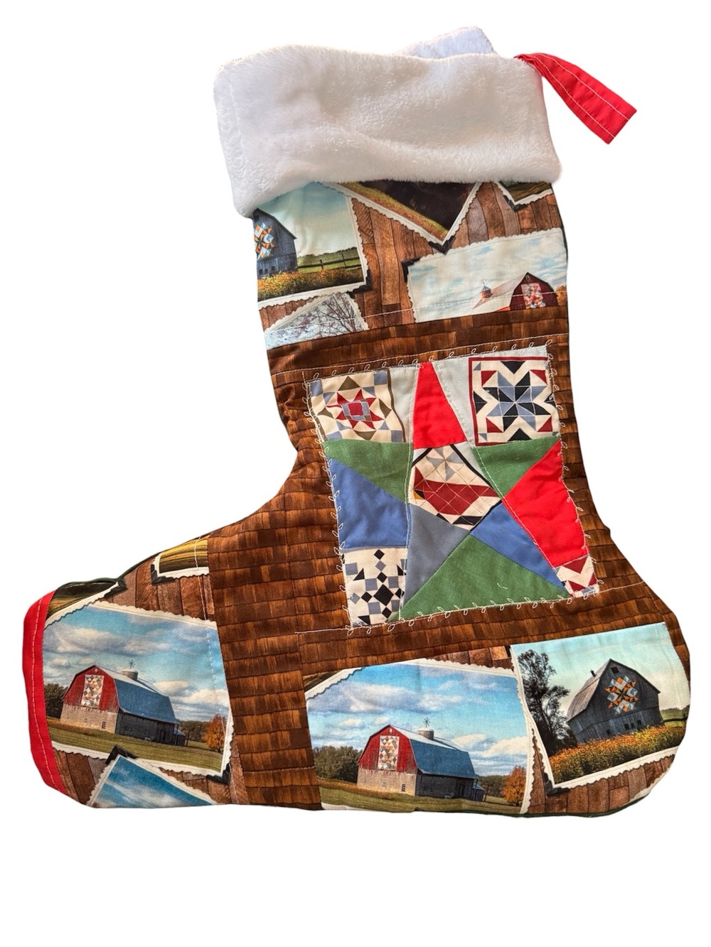 Holiday Quilted Barn Print Stocking with Red, Green, Blue Accents